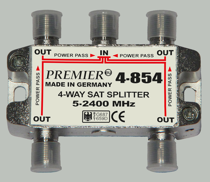 4-854FC GERMANY Разветвитель на 4 тв 5-2400MHz с прох. питания + F RG-6 (5 шт.), в упаковке, GERMANY