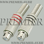 1-213 Разъем RCA "гн" металл на кабель, пайка, красный и черный (3 полосы)