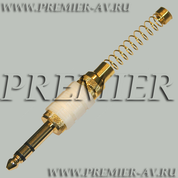 1-123G WH Разъем аудио 6.35мм "шт" стерео металл с длинной пружиной "позолоченный" на кабель, белый